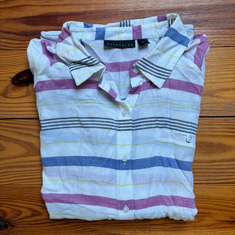 Attention Lightweight Striped Coverup Cotton Shirt, L, EUC